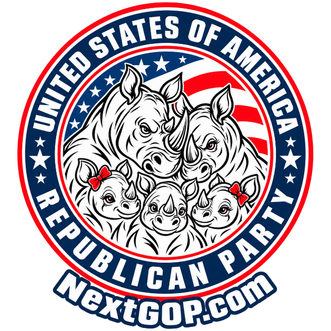 White rhino family seal before the American flag with NextGOP.com mark