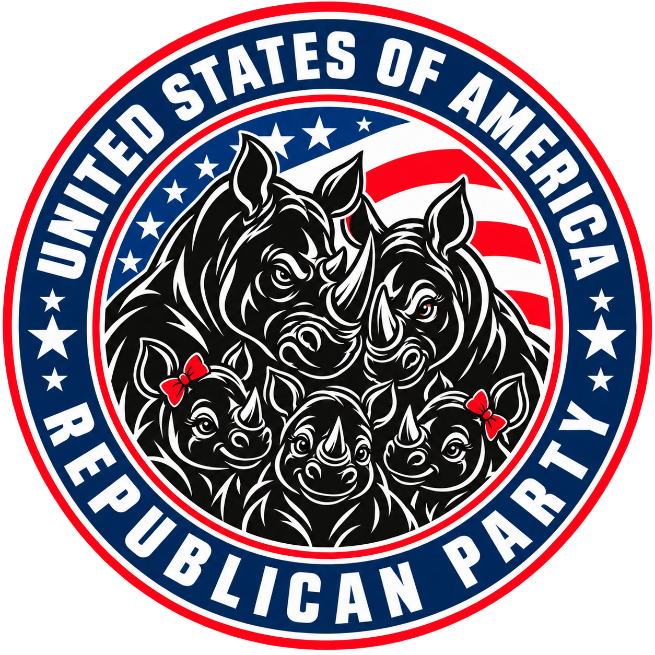 Circular seal: rhino parents and calves before the American flag, ringed with United States of America and Republican Party